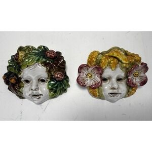 Italian Majolica Art Pottery Cherub Flowers Bacchus Face Mask (2) Wall Hangings